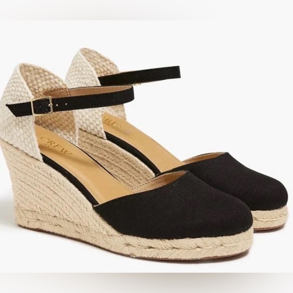 J. Crew Black Canvas Espadrille Wedge Ankle-Strap Sandals - Picture 2 of 16